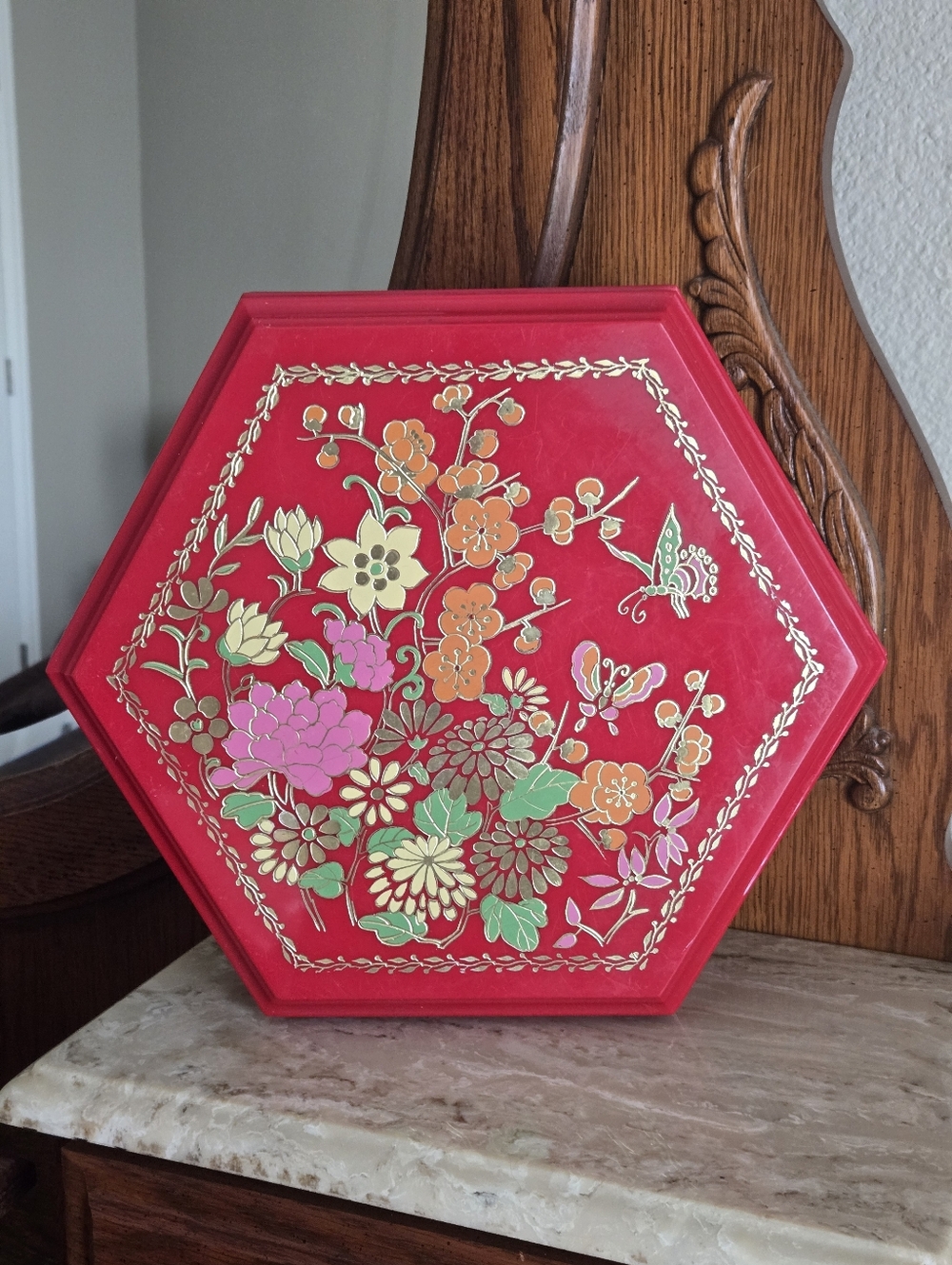 VTG Acrylic Asian Butterfly Floral Flower Hexagon Lidded Candy Sewing Box W Tray